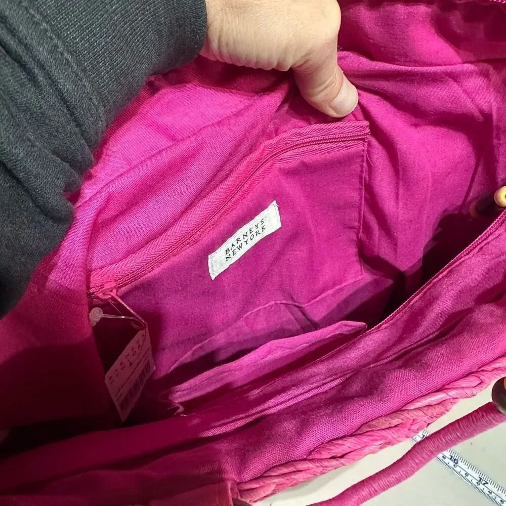 NWT Barney’s NY Pink Straw‎ Beaded Handle Tote Bag